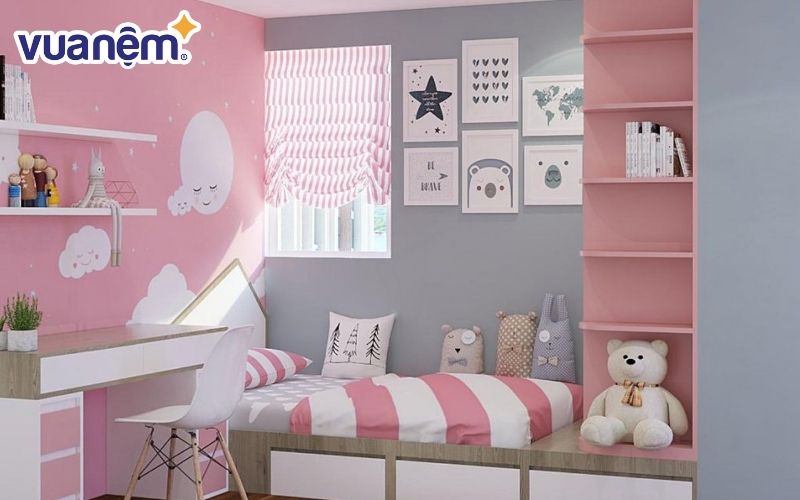 Giường gỗ cho bé gái kết hợp giá sách hiện đại