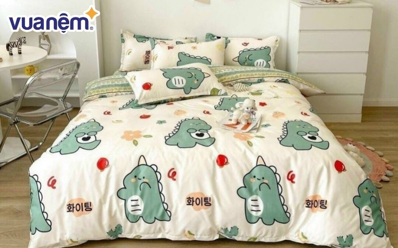 Mẫu ga giường 1m2 cotton hình khủng long siêu dễ thương