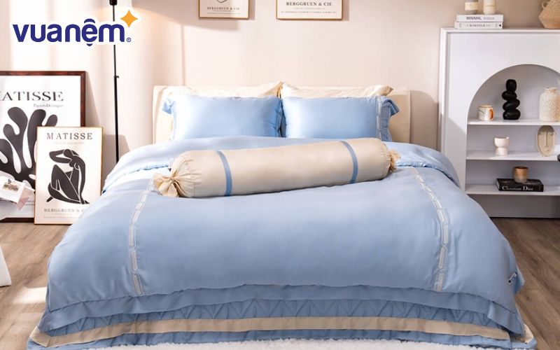 Bộ Chăn ga lụa tencel cao cấp Amando Soulmate 7 chi tiết màu Xanh