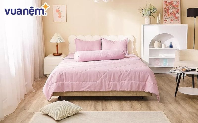Bộ chăn ga chun Amando Rina 5 chi tiết màu hồng