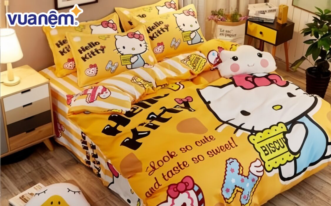 Bộ ga trải giường Hello Kitty vàng đẹp mắt