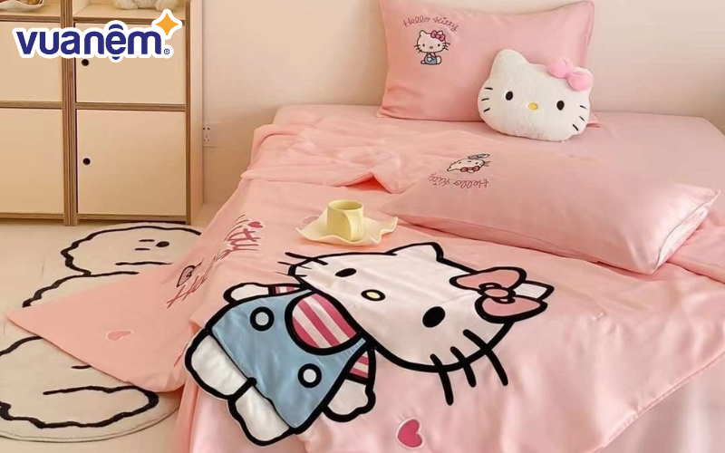 Bộ chăn ga gối Hello Kitty chất liệu Tencel thoáng mát cho bé