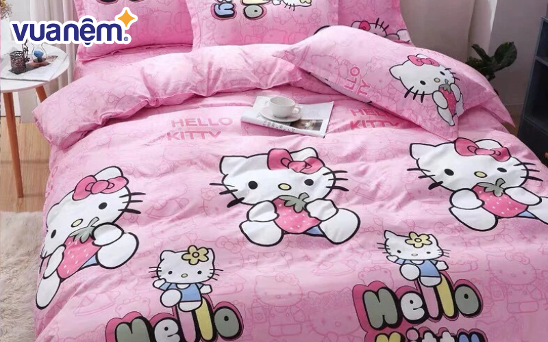 Bộ ga trải giường hình Hello Kitty cotton poly hồng xinh xắn