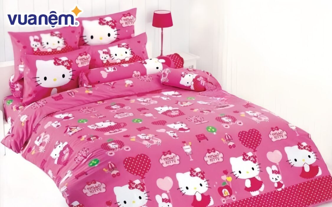 Bộ chăn ga gối Hello Kitty hồng đậm Thái Lan