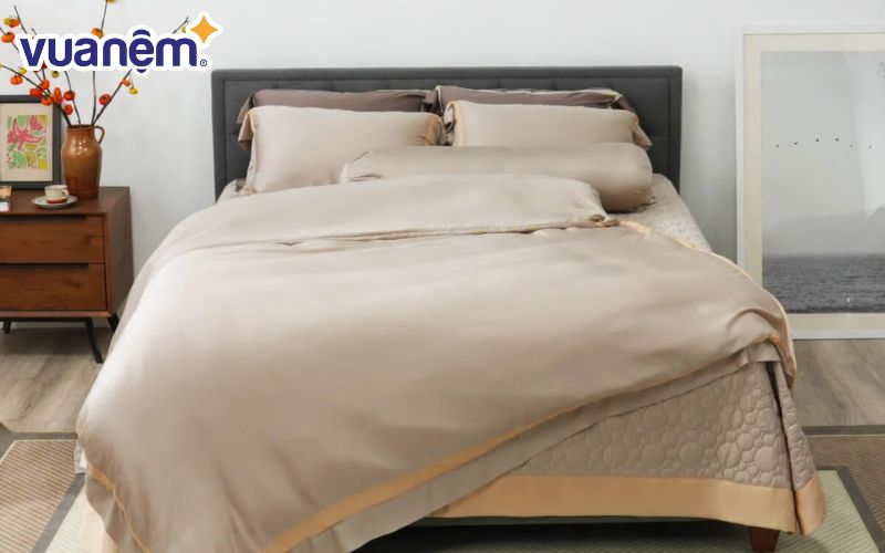 Bộ chăn ga giường cao cấp phủ lụa tencel cao cấp Amando Confident 5 chi tiết màu kem