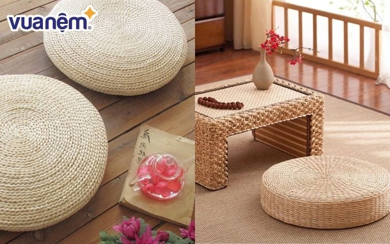 Gối nệm từ cói phù hợp với không gian trà đạo, quán cà phê, phòng khách hoặc thiền định.