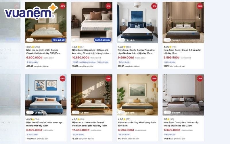 Danh mục sản phẩm của Vua Nệm với đa dạng các mẫu mã và thương hiệu