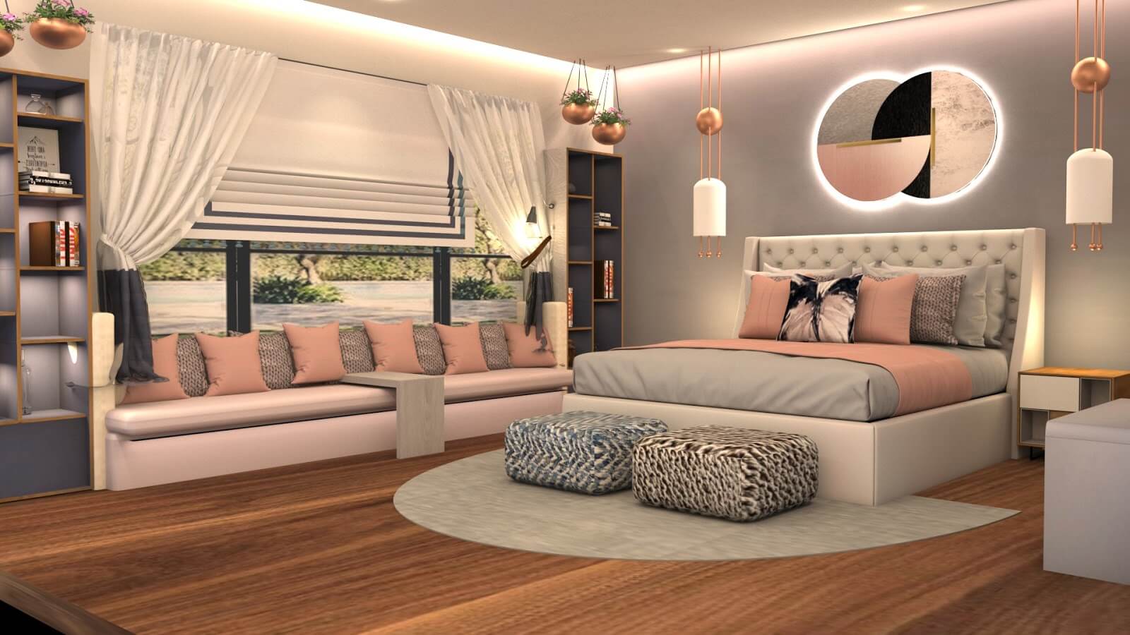 Thiết kế phòng ngủ master với dải ghế sofa dài