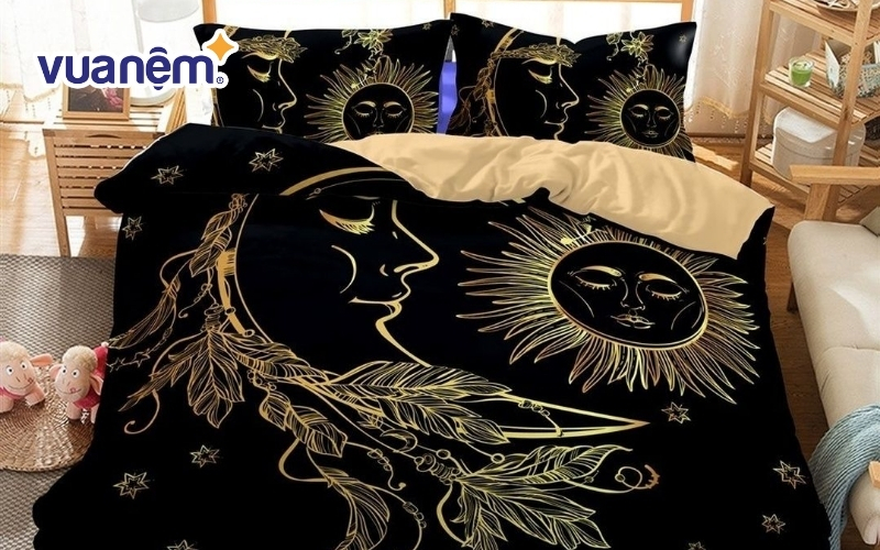 Bộ chăn ga gối đệm màu đen thần mặt trời