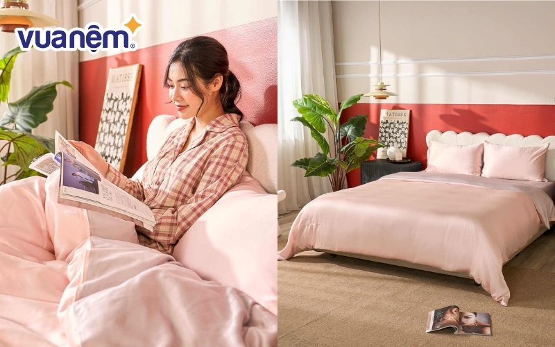 Bộ chăn ga màu hồng chất liệu tencel của Goodnight