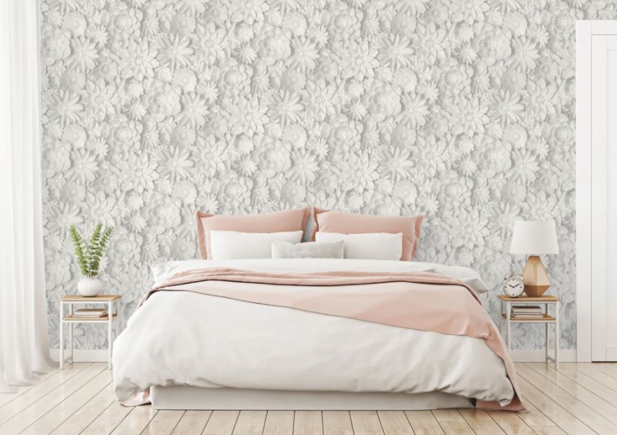 phòng ngủ màu trắng với giấy dán tường