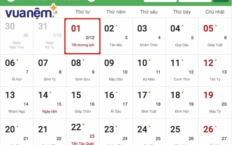 Tết Dương lịch 2025 rơi vào thứ Tư