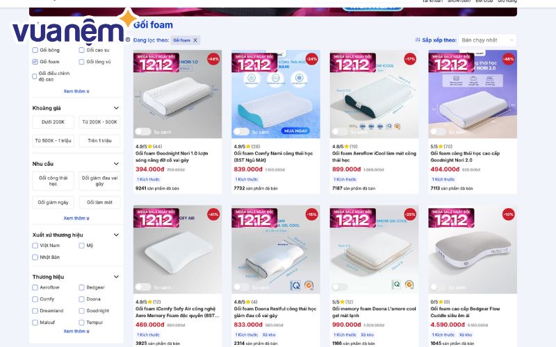 Vua Nệm hiện cung cấp nhiều mẫu gối foam đến từ các thương hiệu Goodnight, Aeroflow, Doona,…