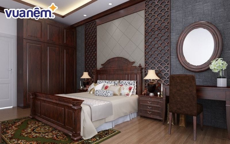 Thiết kế phòng ngủ và giường ngủ từ gỗ lim theo phong cách cổ điển, sang trọng và quý phái.