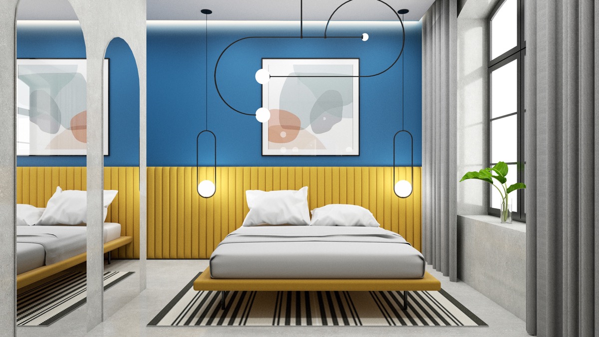 phòng ngủ màu xanh vàng