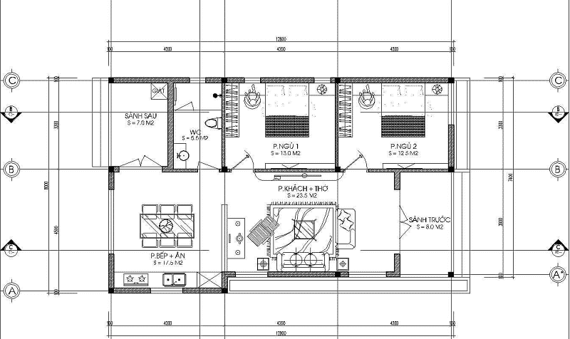 Bản vẽ thiết kế 2 cho mẫu nhà 50m2 2 phòng ngủ