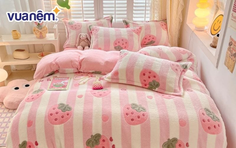Bộ chăn ga nỉ mùa đông nỉ nhung tuyết sữa 3D cho những cô nàng ngọt ngào