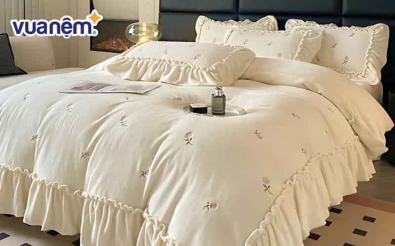 Bộ ga gối chăn mền nỉ 2 lớp dày dặn phong cách nữ tính