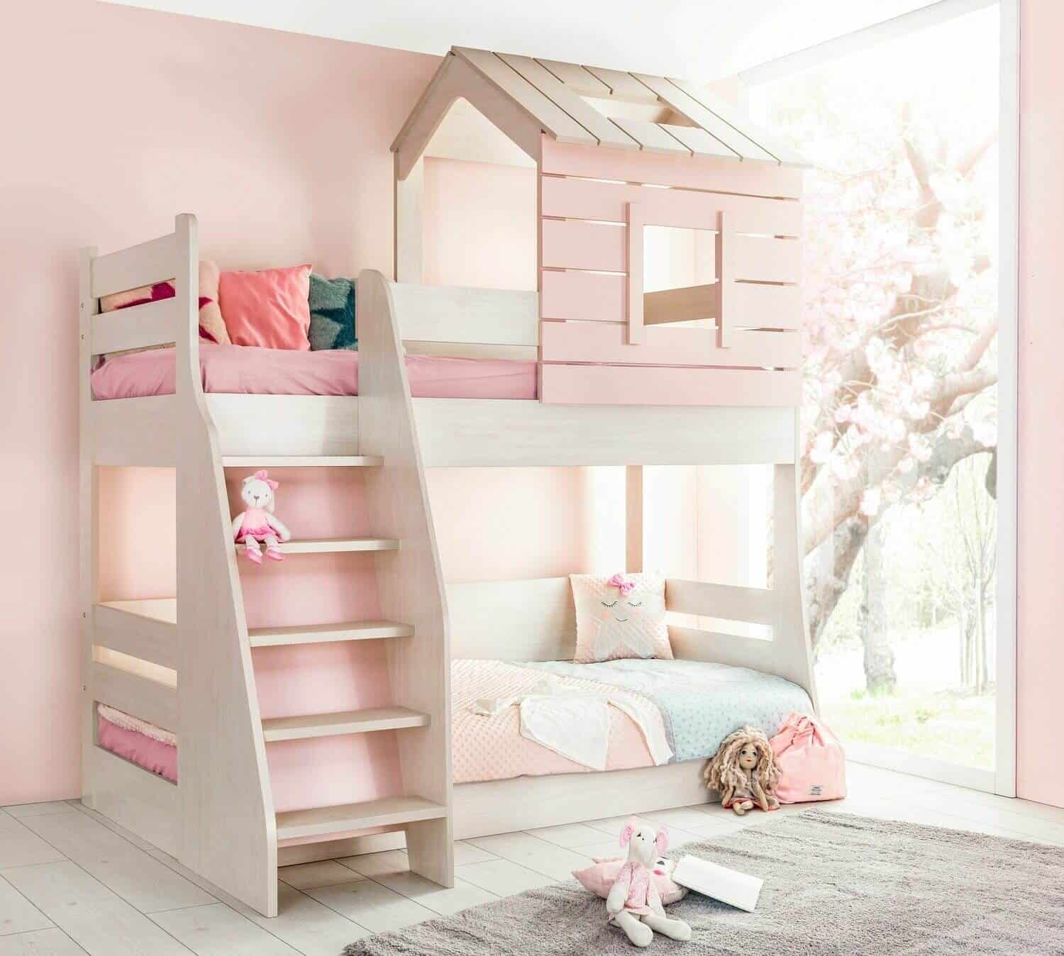Giường tầng màu hồng cho bé gái