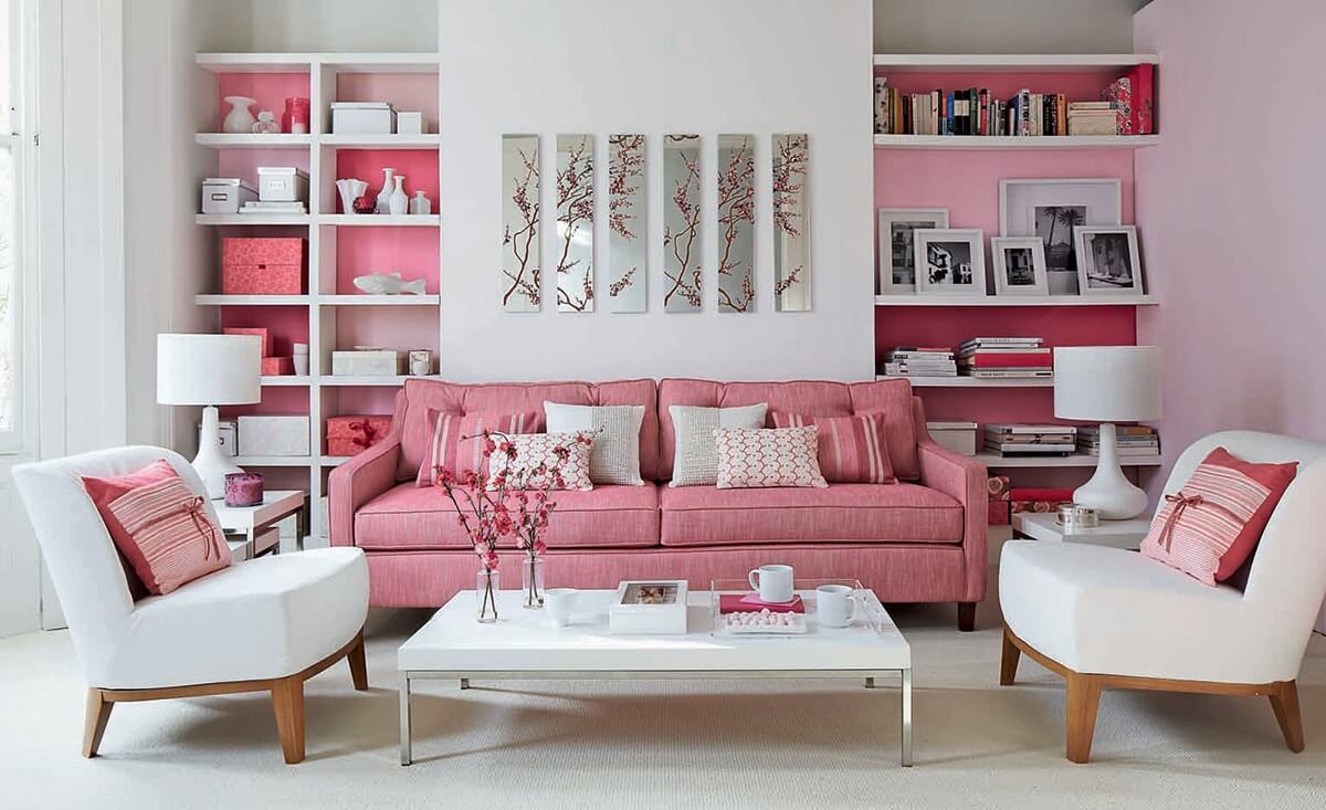 Phòng khách nghệ thuật với hồng tone pastel 