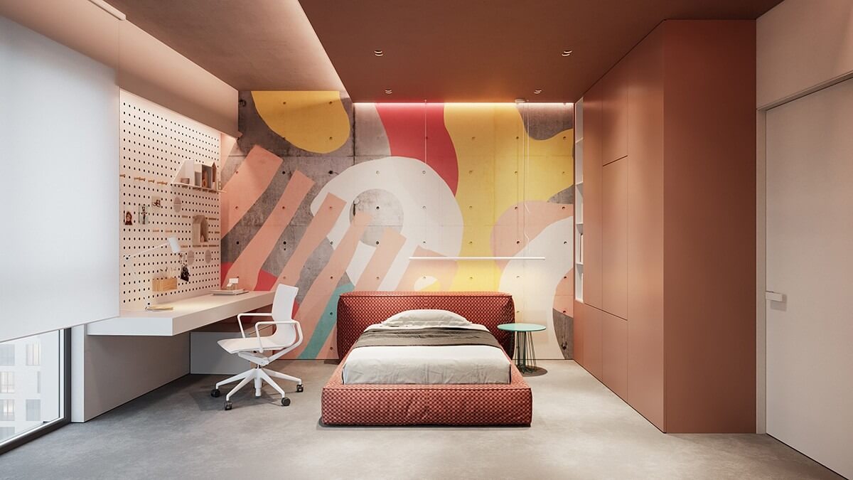 Phòng ngủ được thiết kế với gam màu cam Pastel 