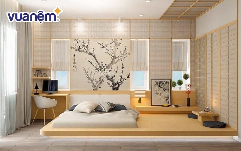 Khu vực đặt giường cưới theo phong cách ZEN được tách biệt bằng cách xây dựng sàn treo