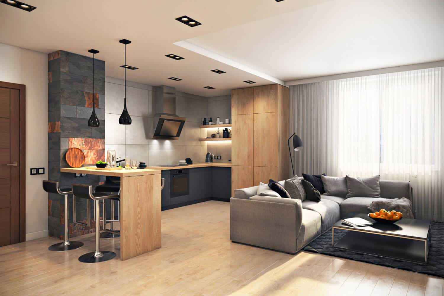 ánh sáng tự nhiên cho thiết kế bếp và phòng khách liên thông
