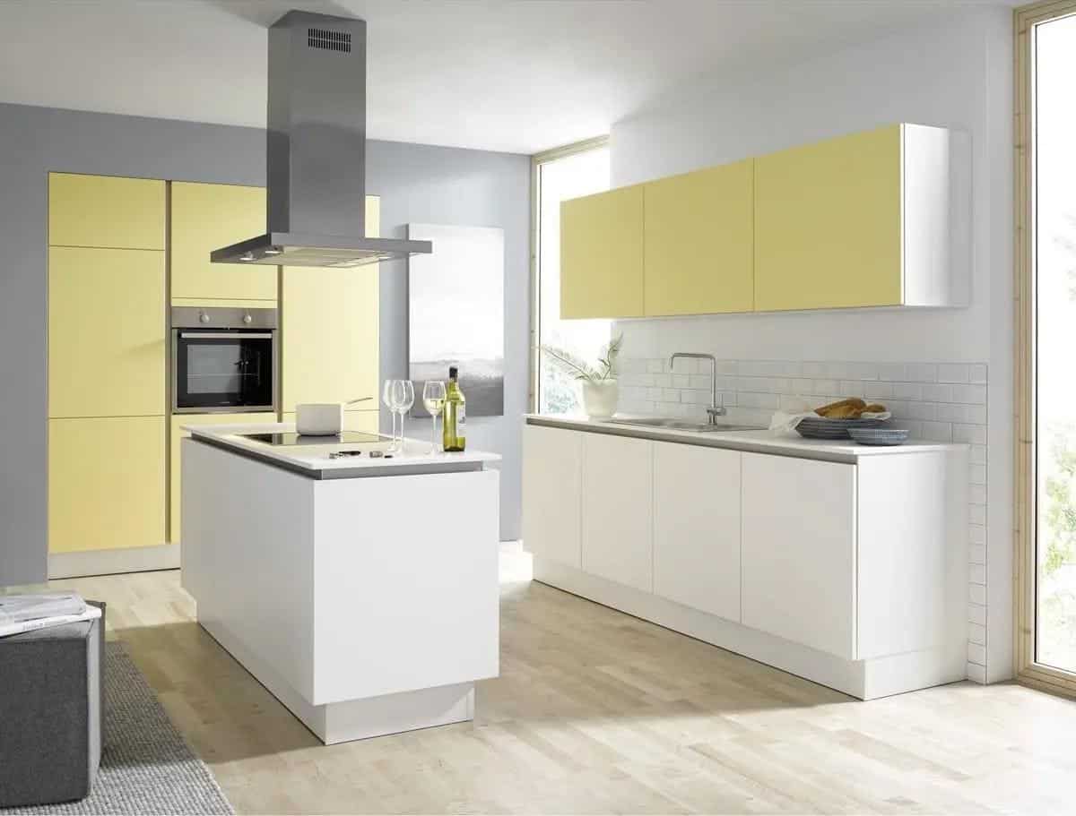  thiết kế phòng bếp tông màu pastel vàng trắng
