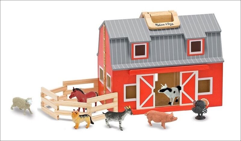Bộ đồ chơi nhà kho bằng gỗ và tượng động vật giúp bé liên tưởng và hiểu về thế giới xung quanh