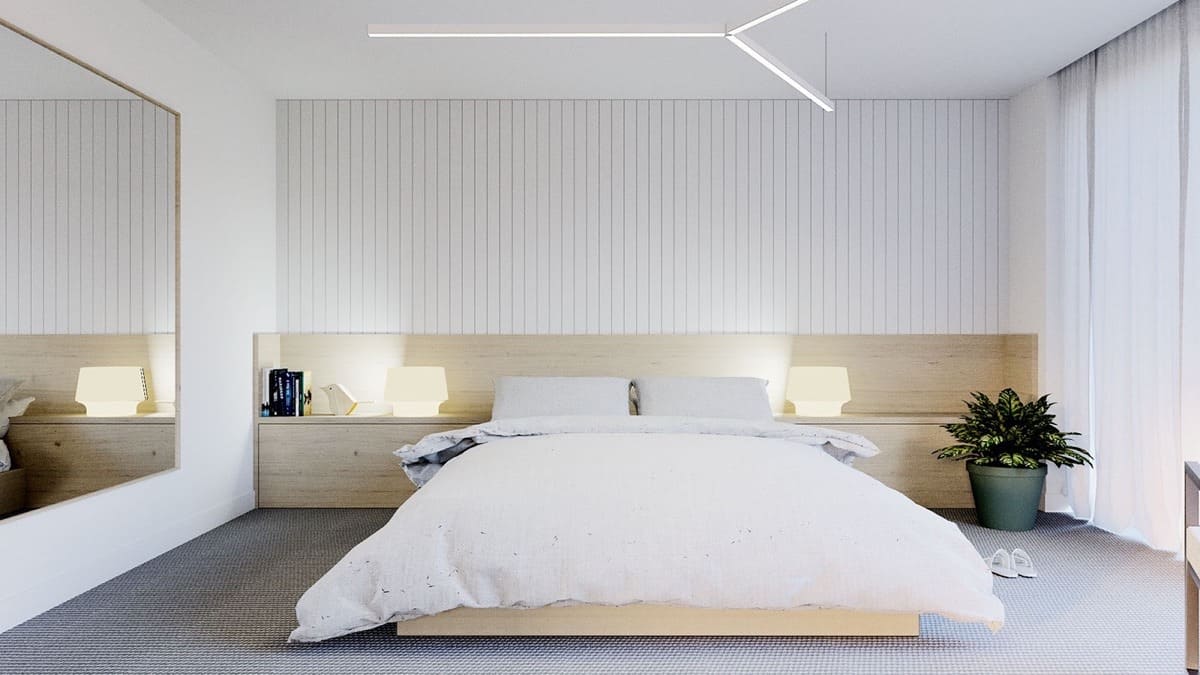 Phong cách phòng ngủ với tủ và giường tối giản