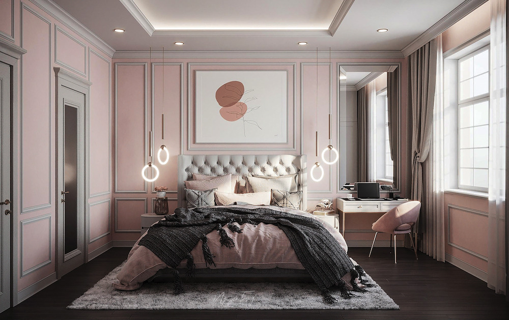 Giường ngủ tone hồng phấn giúp không gian thêm lãng mạn