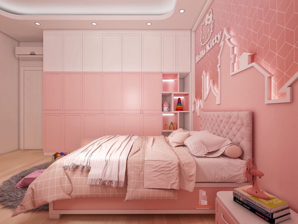 Giường ngủ tone hồng đáng yêu cho bé gái 
