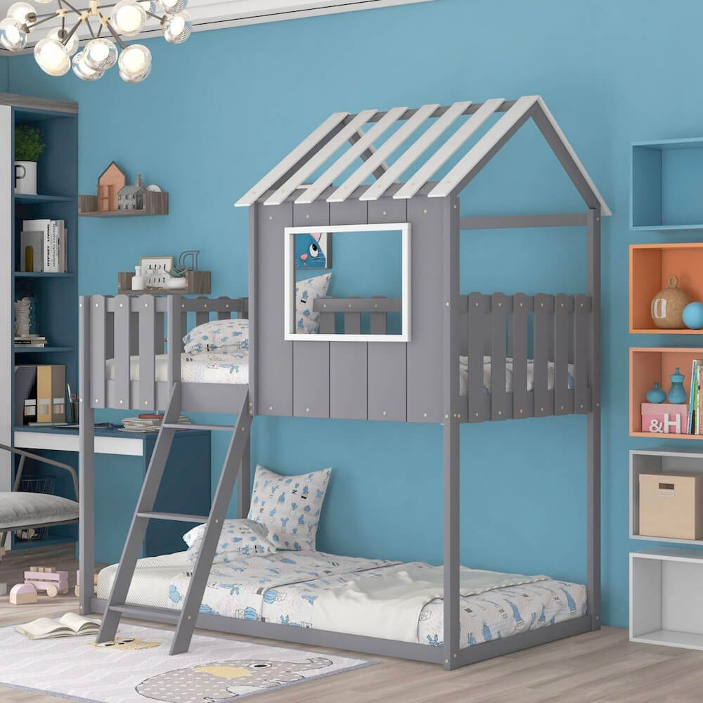 Giường ngủ hình ngôi nhà với màu xám trầm cũng là lựa chọn phù hợp cho các bé trai
