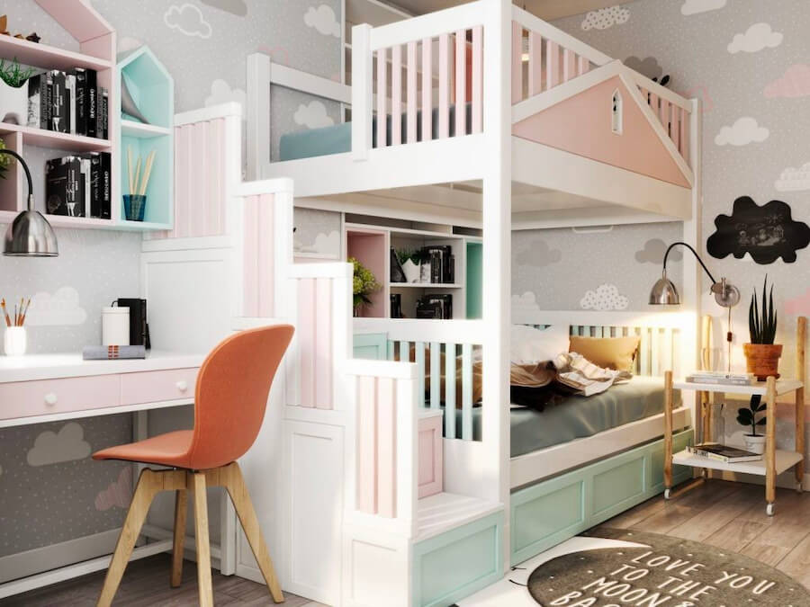 Mẫu giường tầng ngôi nhà màu hồng và xanh lá cây pastel trang nhã cho bé gái