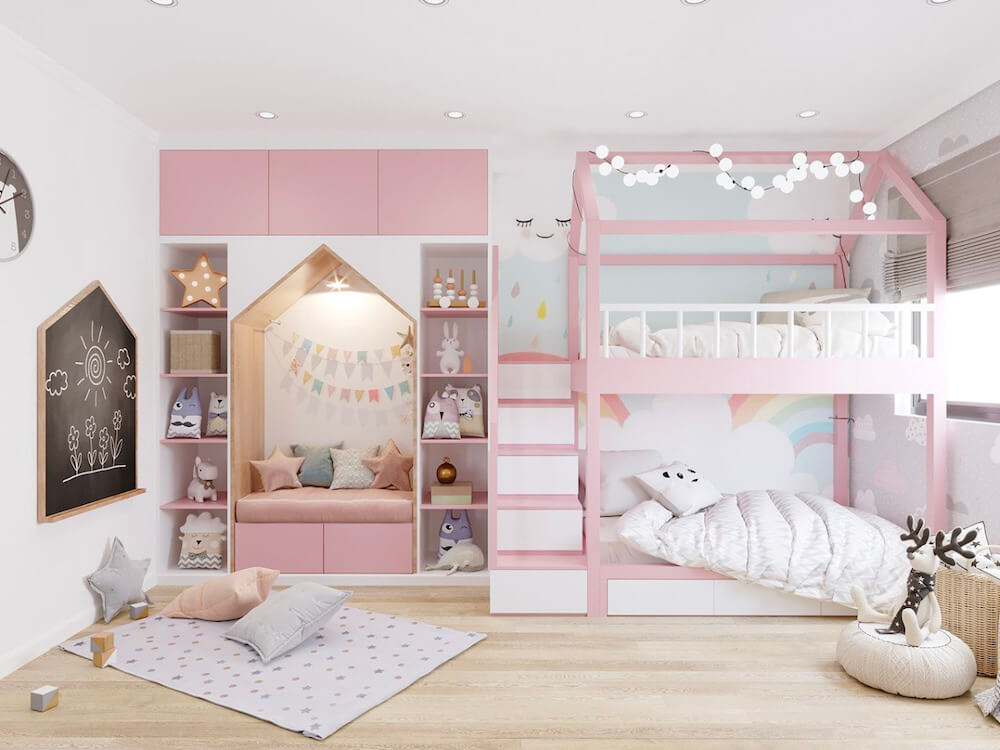 Mẫu giường tầng ngôi nhà màu hồng đáng yêu cho bé gái