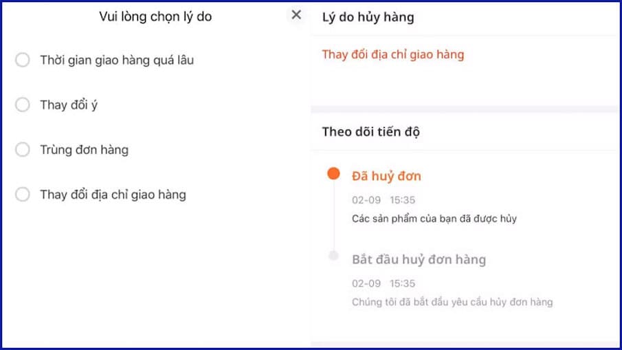 Chọn lý do huỷ đơn hàng Lazada