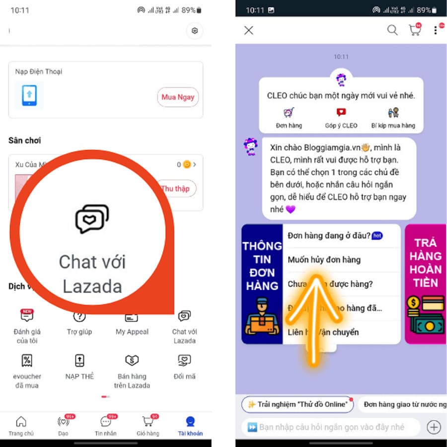 Truy cập vào tài khoản Lazada trên chatbot CLEO