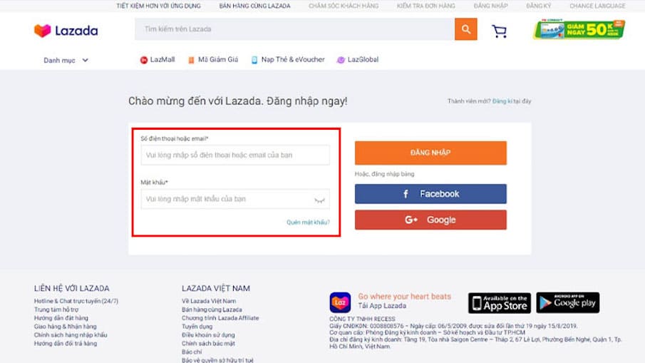 Đăng nhập tài khoản lazada