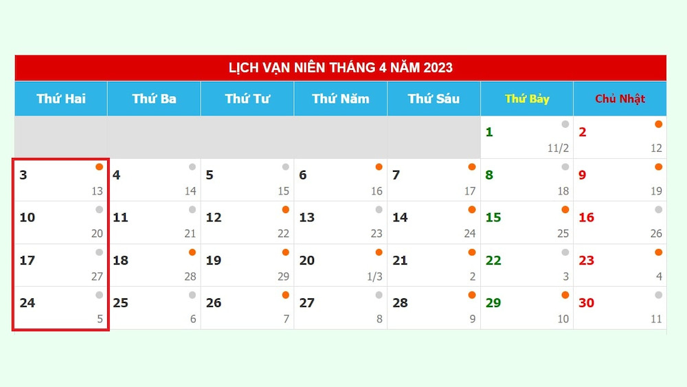 Lịch tháng 4 năm 2023 dương lịch