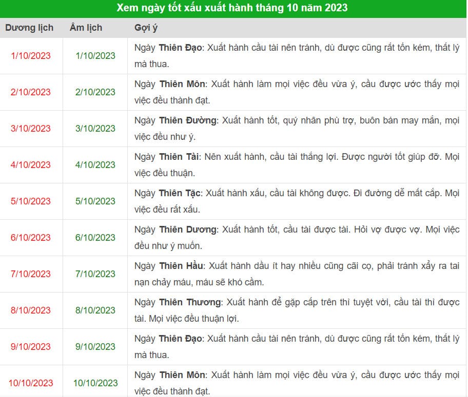 sự việc tốt hoặc xấu tháng 10 năm 2023