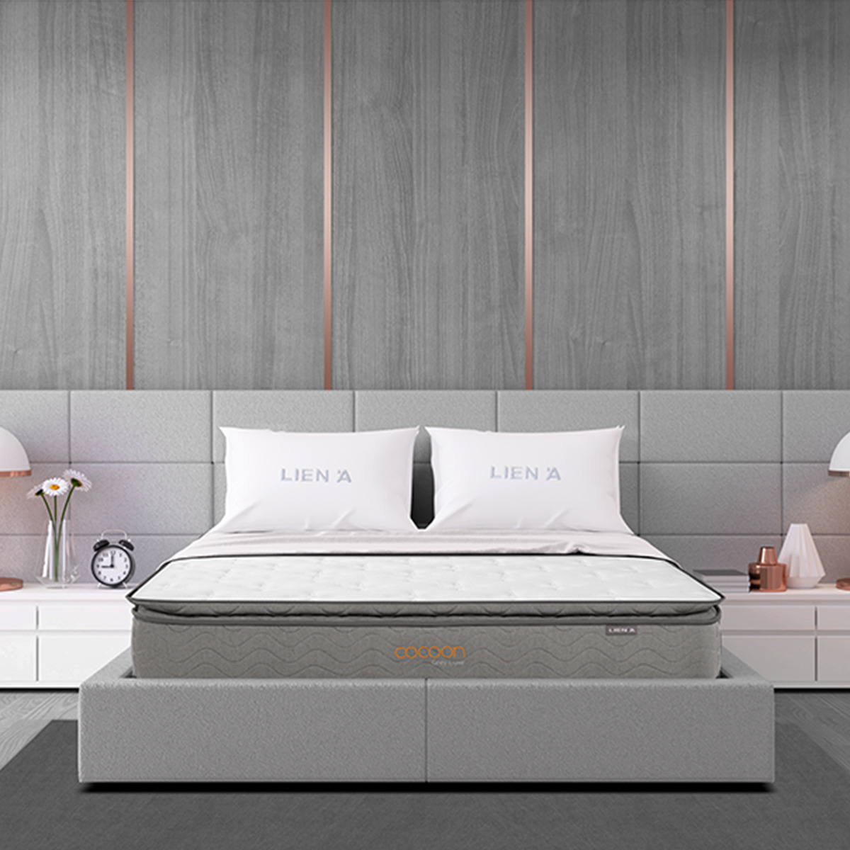 Màu sắc và thiết kế của nệm lò xo Liên Á 1m4 Cocoon Grey Luxe giúp căn phòng ngủ trở nên sang trọng hơn