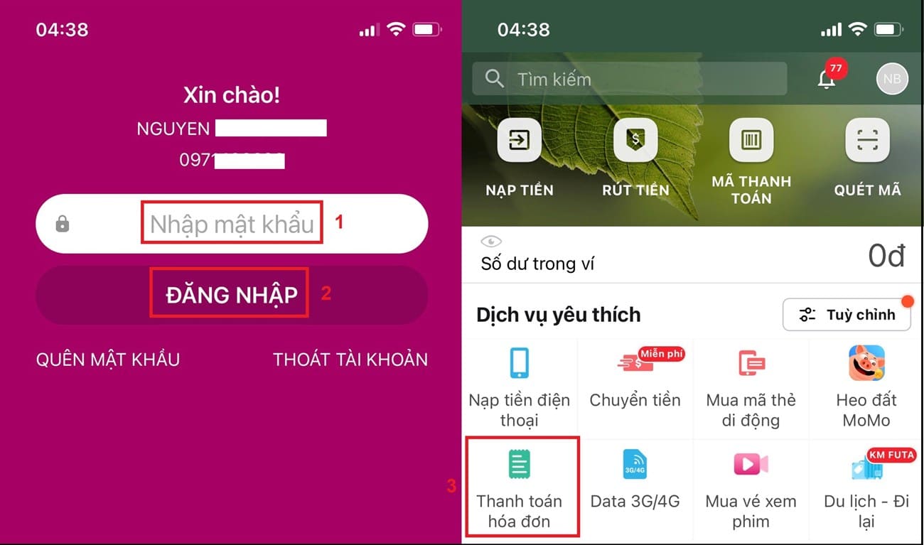 các bước thanh toán tiền điện, nước qua momo