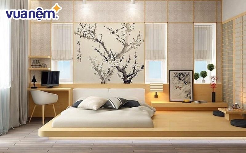 Tinh tế với giường giật cấp màu gỗ tự nhiên