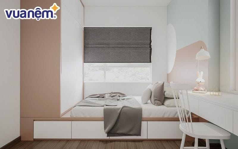 Thiết kế giường giật cấp kèm tủ quần áo ghi điểm bởi nét độc đáo và mới lạ