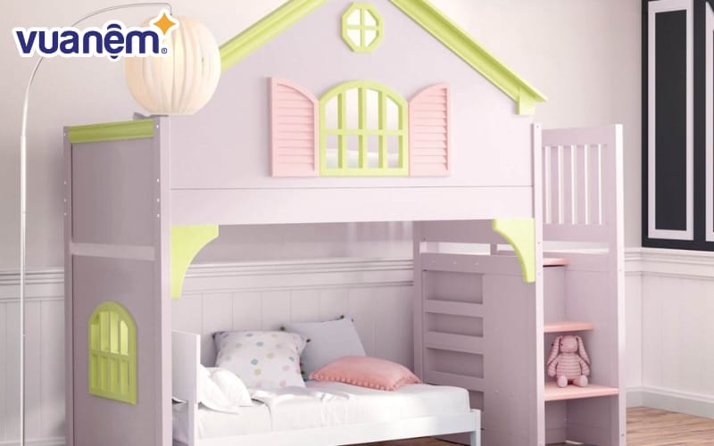 Giường tầng màu tím nhạt kiểu dáng ngôi nhà ấm cúng