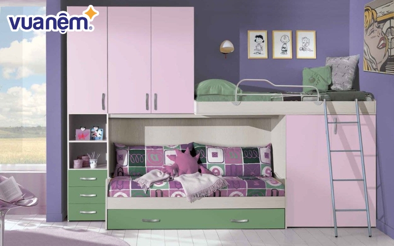 Giường tầng màu tím xanh tích hợp tủ đựng đồ thông minh