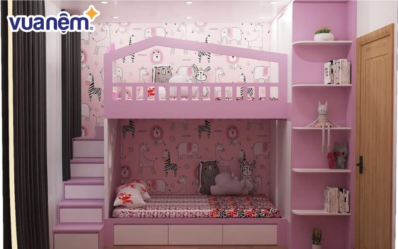 Giường tầng màu tím họa tiết con vật tạo sự thích thú cho bé