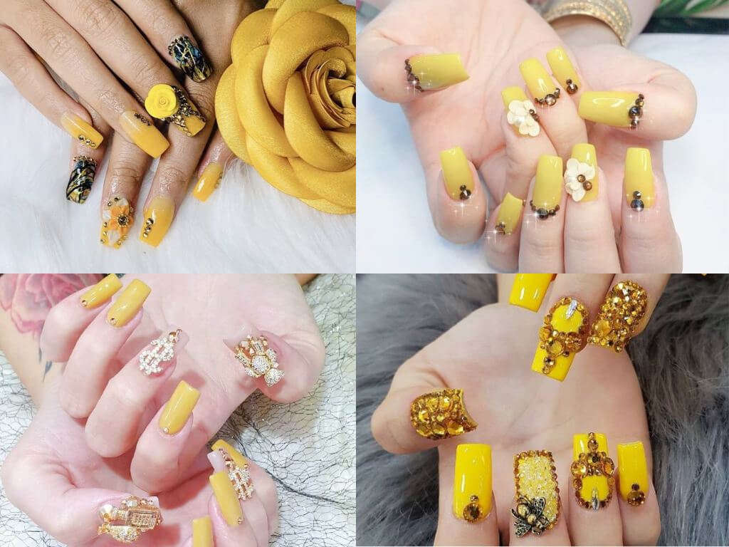 Nail màu vàng đính đá giúp cho bàn tay trở nên hấp dẫn và quyến rũ hơn