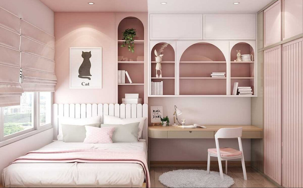 Phòng ngủ tone hồng mộng mơ cho bé gái