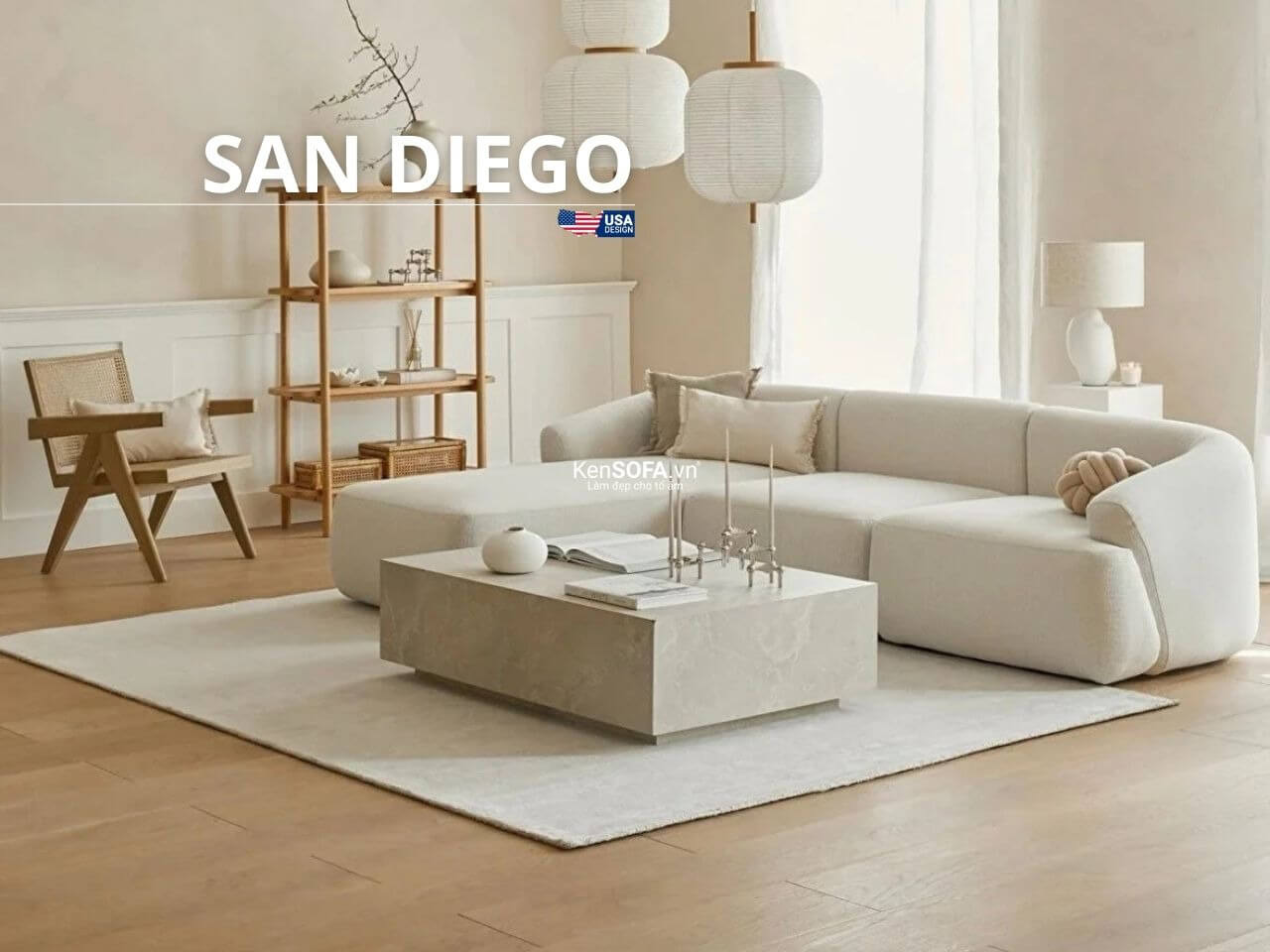 Mẫu sofa trắng sữa sang trọng được trưng bày tại Kensofa